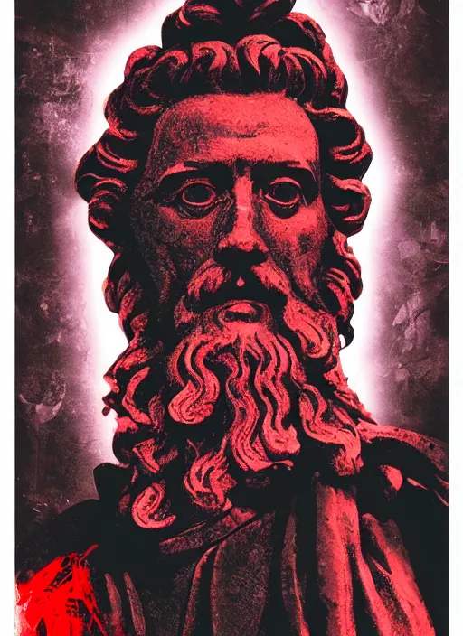 Prompt: dark design poster showing a statue of marcus aurelius, black background with very subtle red and purple design elements, powerful, nekro, guido crepax, graphic design, collage art, thin lines, dark, glitch art, neo vaporwave, gritty, layout frame, square, trending on artstation