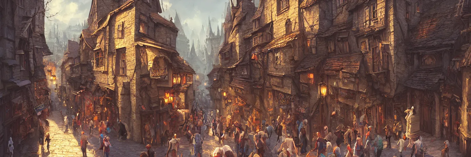 Image similar to a busy street within a fascinating old fantasy city, quirky shops, narrow streets, old buildings, old stone steps, street life, by Sylvain Sarrailh, cinematic, stunning composition, beautiful digital painting, oil painting, dungeons and dragons, lord of the rings