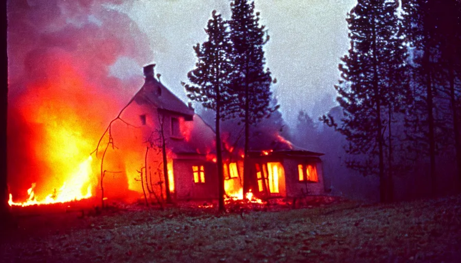 Image similar to 1 9 7 0 s movie still by andrei tarkovsky of a heavy burning french style little house in a small northern french village by night in autumn, pines forest, cinestill 8 0 0 t 3 5 mm, heavy grain, high quality, high detail, dramatic light, anamorphic, flares