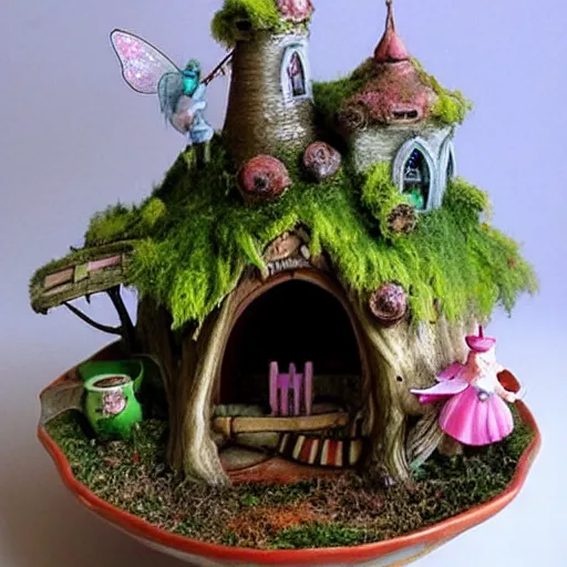 Image similar to cute fantasy fairy house, tea cup, by tonia tkach