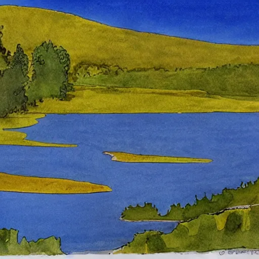 Image similar to by milo manara improvisational, meticulous cool yellow. the computer art of two lakes in connecticut, with mountains in the distance.