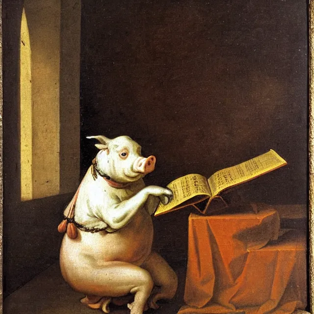 Prompt: baroque dutch painting from 1 6 7 0 of a pig reading a book