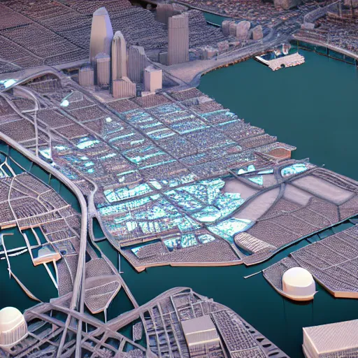 Image similar to hyper detailed 3 d render of baltimore's inner harbor, global illuminaton