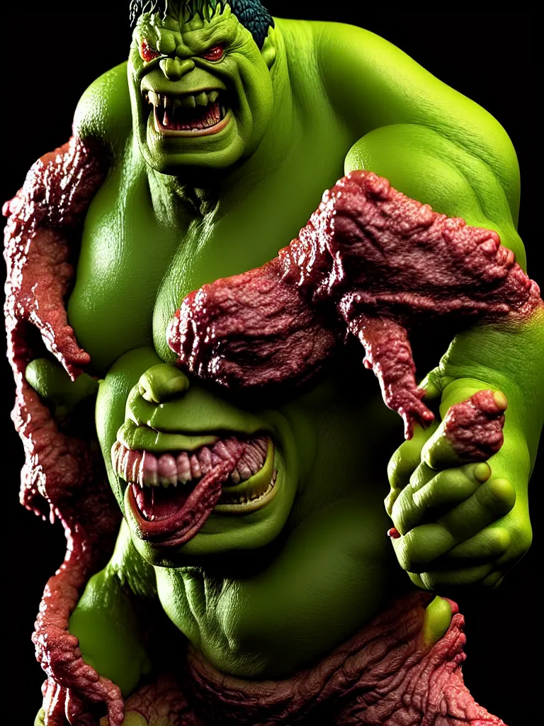 Image similar to hyperrealistic rendering, fat smooth cronenberg flesh monster hulk by bernie wrightson and killian eng and joe fenton, product photography, action figure, sofubi, studio lighting, colored gels, colored background