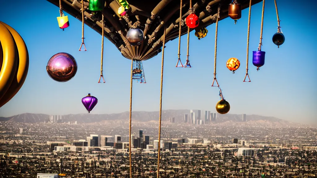 Prompt: large colorful futuristic space age metallic steampunk balloons with pipework and electrical wiring around the outside, and people on rope swings underneath, flying high over the beautiful los angeles city landscape, professional photography, 8 0 mm telephoto lens, realistic, detailed, photorealistic, photojournalism