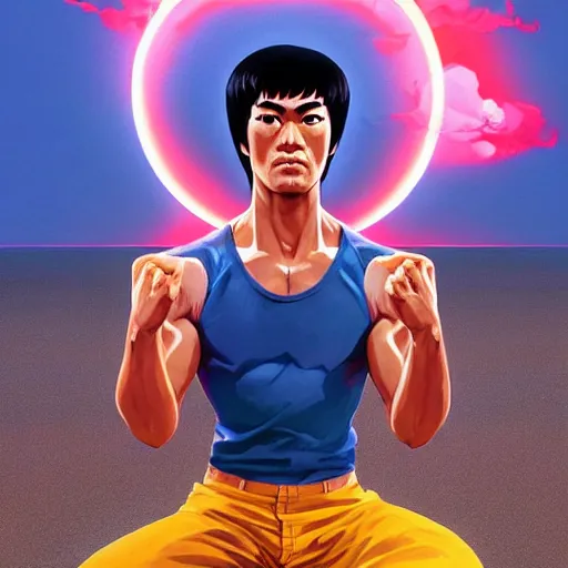 Image similar to bruce lee in lotus position on a beach background, behance hd by jesper ejsing, by rhads, makoto shinkai and lois van baarle, ilya kuvshinov, rossdraws global illumination radiating a glowing aura global illumination ray tracing hdr render in unreal engine 5