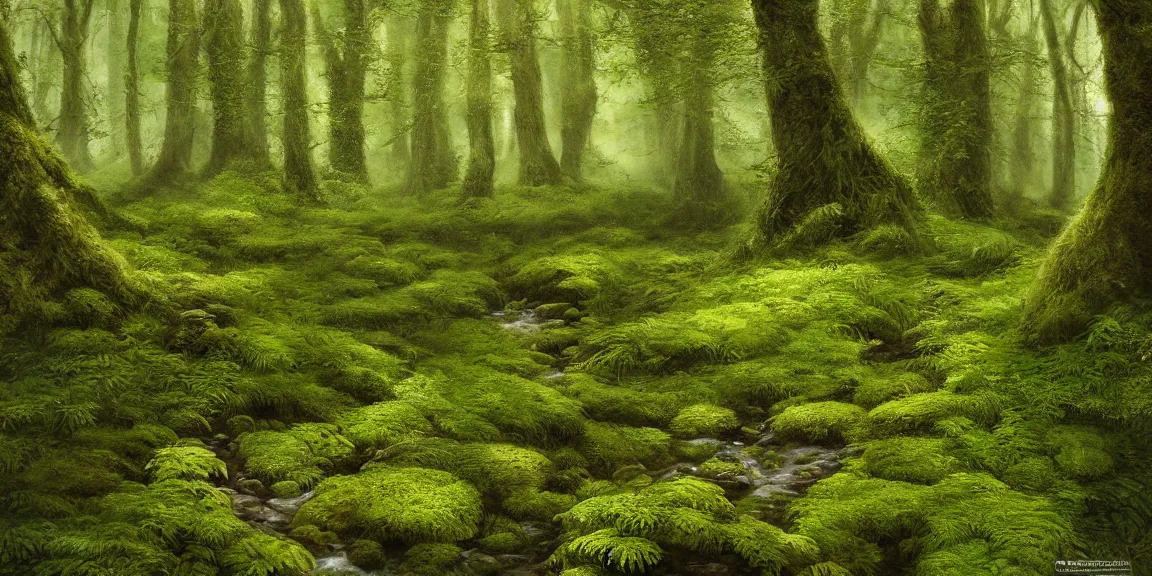 Prompt: Celtic broadleaf forests, sessile oak, mossy and with ferns. A small creek running through the forests in Scotland, small woodland wildflowers. Juniperus communis shrubs. F. Trending on Artstation, deviantart, worth1000. By Greg Rutkowski. National Geographic and iNaturalist HD photographs