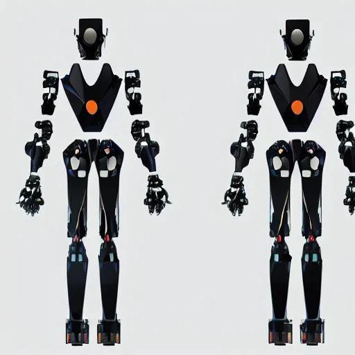 Prompt: Front and back full body full height | sleek futuristic biped mecha | super high resolution photo | White background | Front and rear | Orthographic engineering diagram