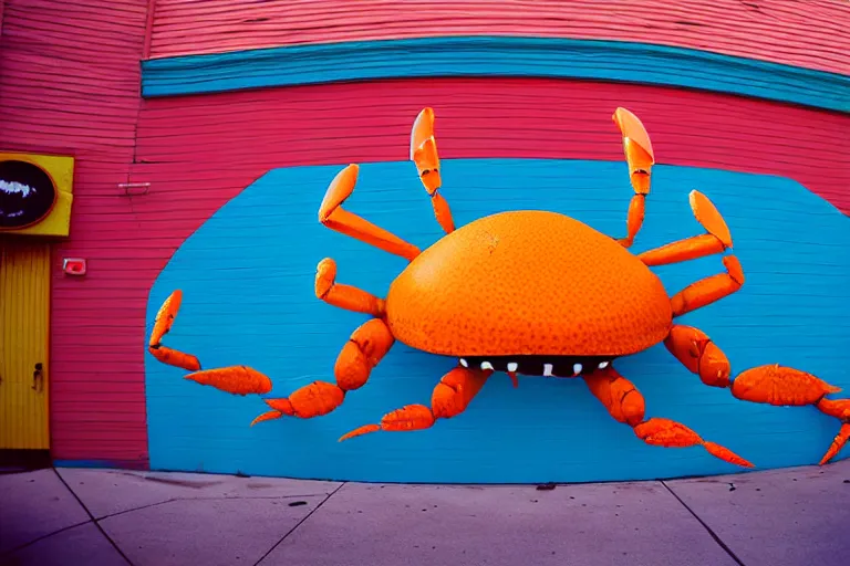 Prompt: 2 0 1 5 cute giant crab terrorizing a city, googie city, americana, fishcore, exterior photography, hd 8 k, photography cinestill