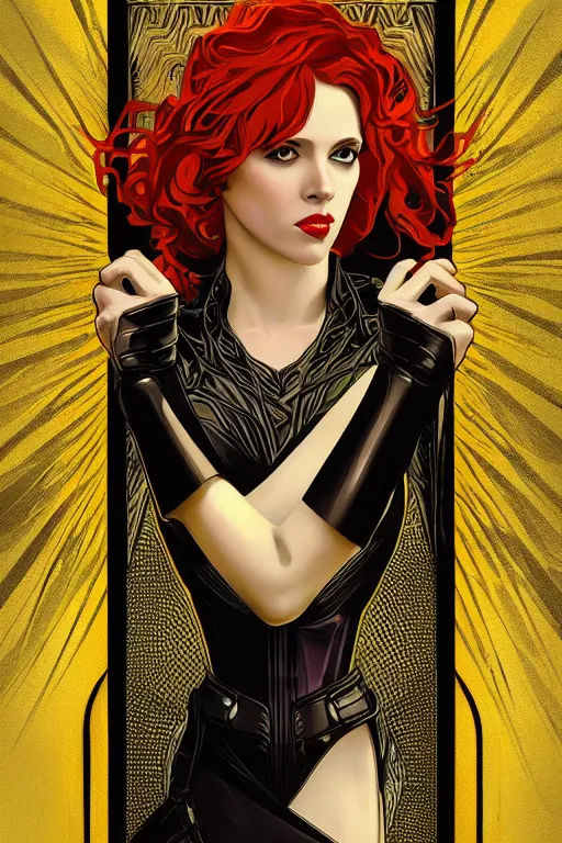 Prompt: a dramatic ethereal epic symmetrical painting of Black Widow | tarot card, art deco, art nouveau, realistic | by Dresden Codak, by Mark Maggiori and ((((Alphonse Mucha))) | trending on artstation
