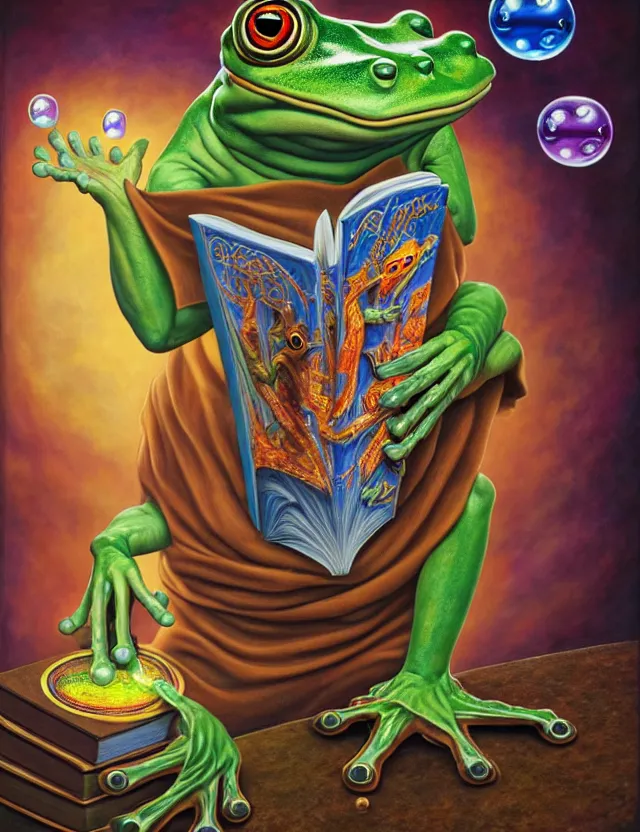 Image similar to anthropomorphic bipedal frog that is dressed in robes, and holding a giant book in his hand, as a matte oil painting and d & d character art, by alex grey, standing, fullbody, floating bubbles, psychedelic, award - winning, extremely detailed, sharp focus