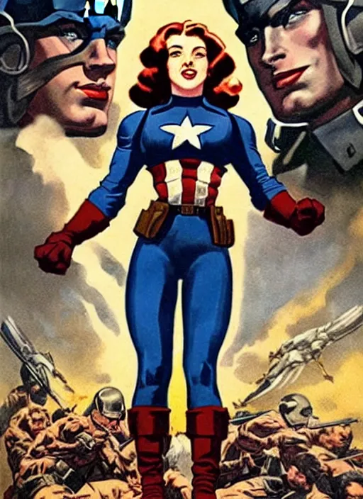 Image similar to beautiful female captain america standing on a pile of defeated, beaten and broken nazi soldiers. feminist captain america wins wwii. american wwii propaganda poster by james gurney. gorgeous face. overwatch