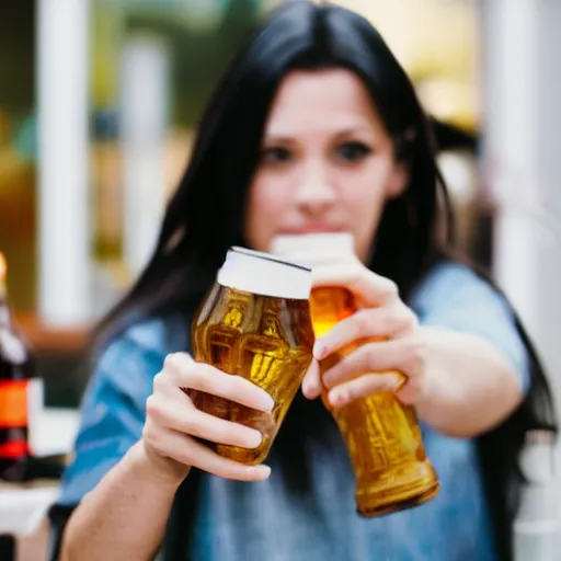 Image similar to a woman holding a bottle of beer, photorealistic