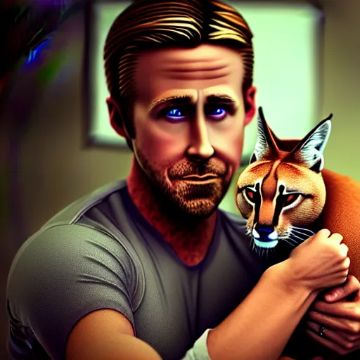 Prompt: A beautiful hyper realistic ultra detailed lifelike cinematic still of Ryan Gosling holding a cute caracal, unreal engine, deviantart, flickr, artstation, octane render, textured, colorful, extreme realistic detail, physically based rendering, pbr render, very detailed, volumetric lighting, detailed lighting, octane render, 4k, cinematic lighting, 8k resolution