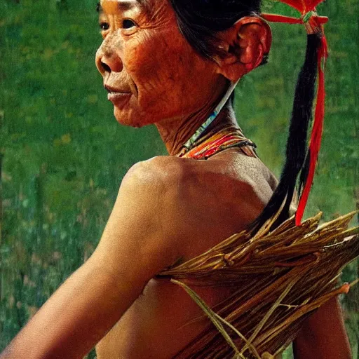 Image similar to high quality high detail painting by norman rockwell, hd, a skinny beautiful kayan female tribe leader, hair in wind, photorealistic lighting