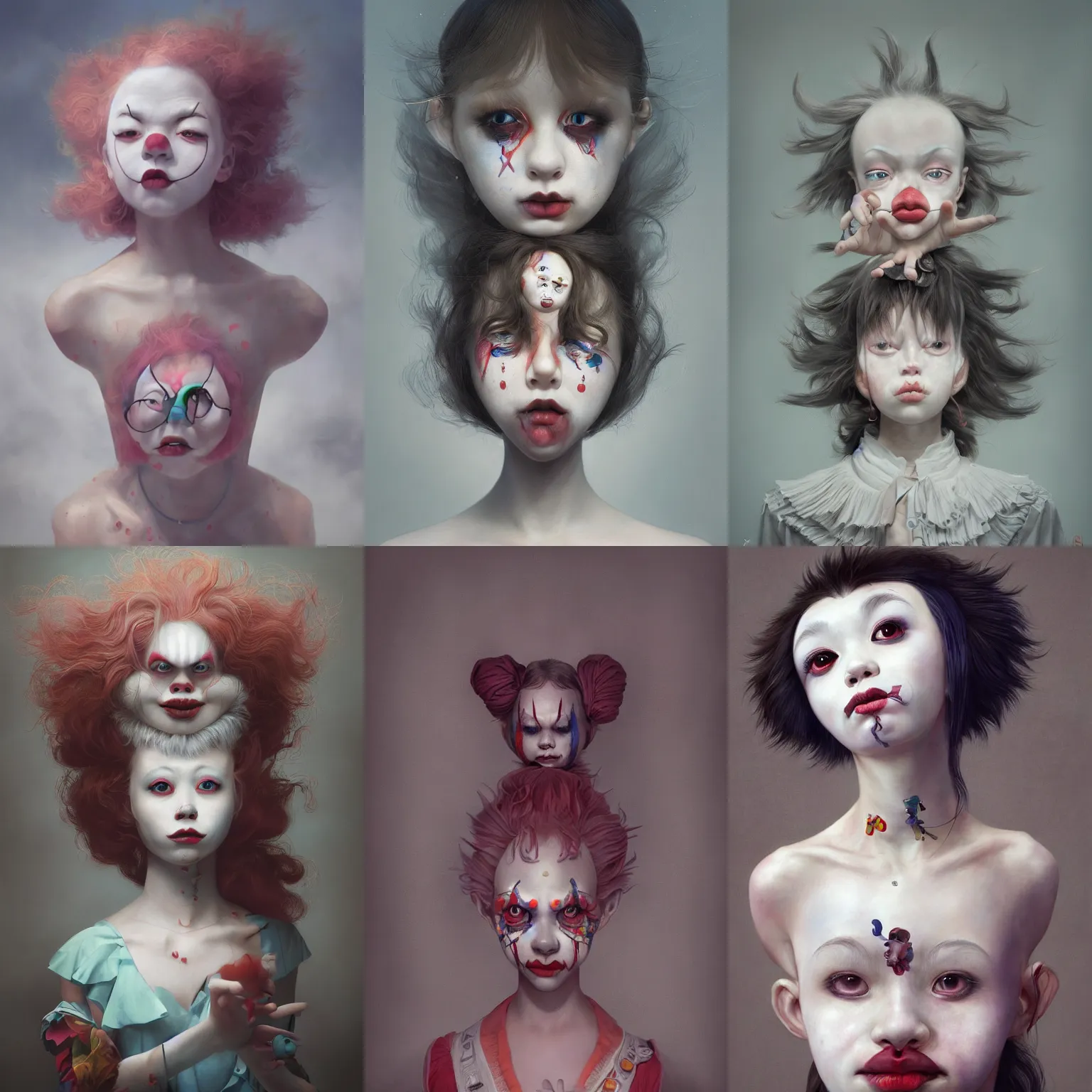 Prompt: breathtaking detailed painting of clown girl , with anxious, piercing eyes, art by Hsiao-Ron Cheng, James jean, Miho Hirano, Hayao Miyazaki, extremely moody lighting, hyperrealistic, octane render, ambient light, dynamic lighting