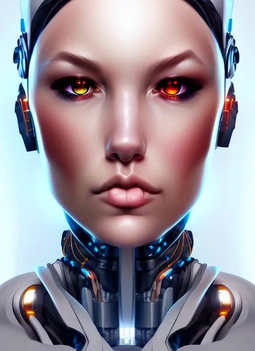 Prompt: portrait of a cyborg woman by Artgerm (face rotation +100), biomechanical, hyper detailled, trending on artstation