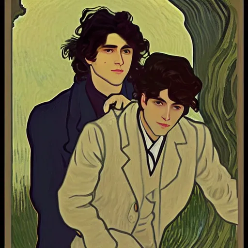 Image similar to painting of young cute handsome beautiful dark medium wavy hair man in his 2 0 s named shadow taehyung and cute handsome beautiful min - jun together at the graveyard party, ghostly, haunted gravestones, ghosts, autumn! colors, elegant, wearing suits!, clothes!, stylish, delicate facial features, art by alphonse mucha, vincent van gogh, egon schiele