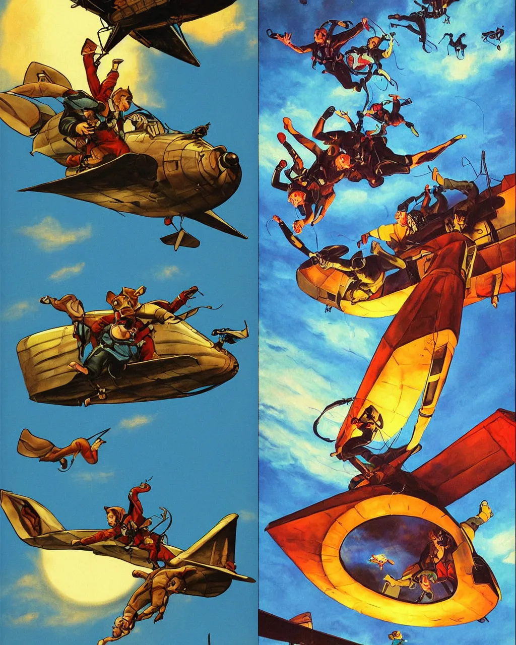 Prompt: cats skydiving from an airship at dusk, comic artwork, glossy finish, bright colors