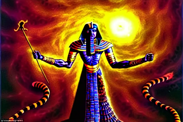 Image similar to godlike nematode. godking. weakening. surrounded by his followers. shadow realm. egyptian