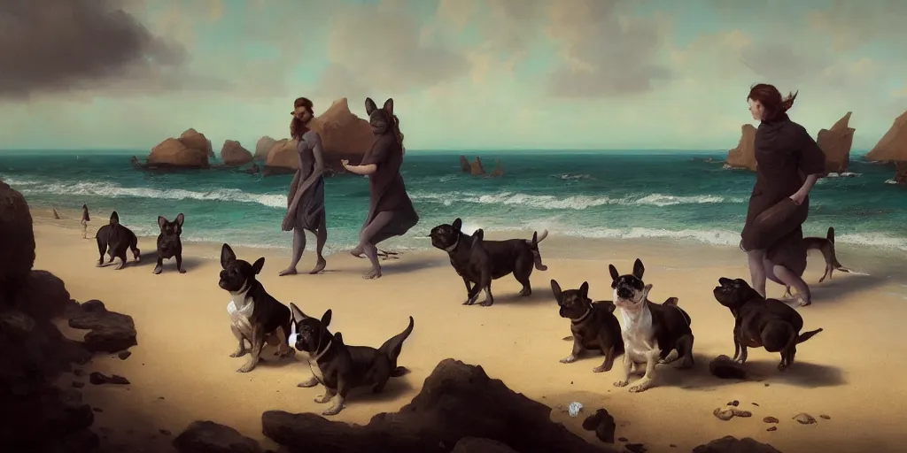 Prompt: french bulldogs on the beach, mythology, extremely detailed digital painting, in the style of dali, jheronimus bosch and ruan jia and jeremy lipking and peter mohrbacher, mystical colors, edge light, beautiful lighting, 4 k, stunning scene, ray tracing, octane, trending on artstation