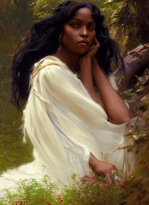 Image similar to a beautiful young black woman with long flowing hair in a flowing white gown in the forest, highly detailed painting by gaston bussiere, craig mullins, j. c. leyendecker 8 k