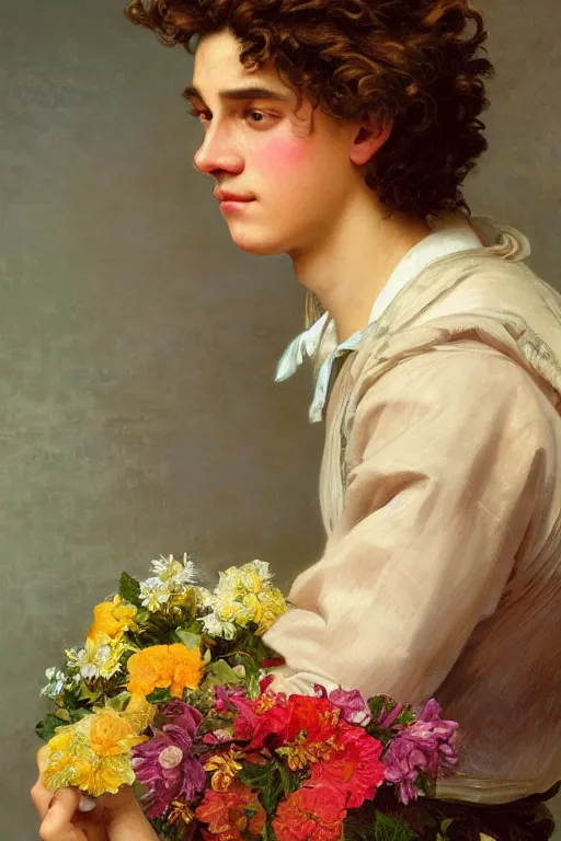 Prompt: close - up portrait of young man with short curly amber hair, dressed in 1 7 th century style, beautiful, holding colourful flowers bouquet, cinematic lighting, highly detailed, digital art, oil painting, highly detailed, sharp focus, matte painting, renaissance painting, by kinkade, by alphonse mucha, by leyendecker, by rutkowsky,