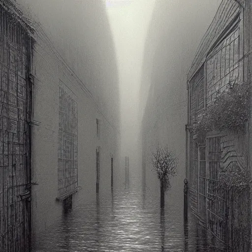 Prompt: flooded overgrown victorian london alley, highly detailed, eldritch, ominous, dawn, chilly dark mood, by rutkowski and beksinski