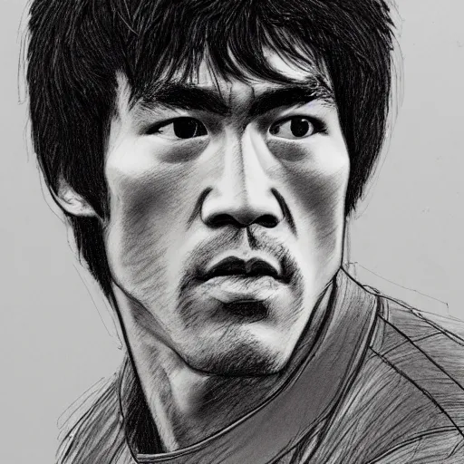 Image similar to a realistic yet scraggly portrait sketch of the side profile of a stern and sophisticated bruce lee, trending on artstation, intricate details, in the style of frank auerbach, in the style of sergio aragones, in the style of martin ansin, in the style of david aja, in the style of mattias adolfsson