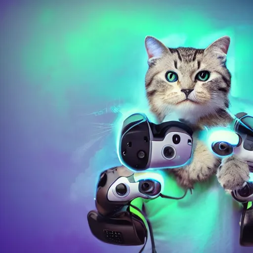 Image similar to beautiful fluffy cyborg cat wearing virtual reality headset on face, standing up holding game controllers in paws, detailed 4 k painting