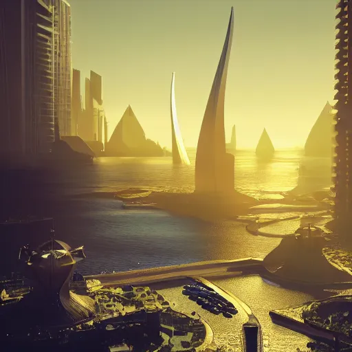 Prompt: a golden fantasy sci - fi luxurious city with cerulean oceansides, scandinavian / norse influenced, cinematic, ray traced, octane render, cinematic lighting, ultrarealistic, featured on artstation, 8 k uhd artwork