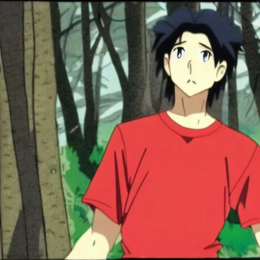 Image similar to a still of a 90s OVA of a man with black hair wearing a red shirt in a forest