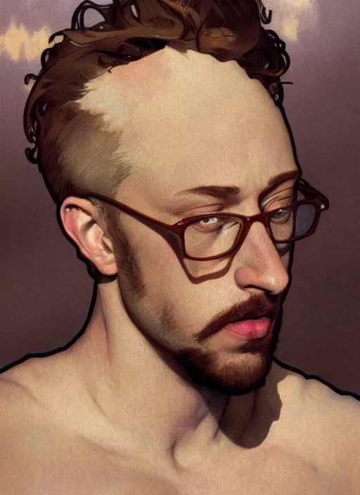 Image similar to Gigachad Sam Hyde puffing his chest, sigma male, accurately portrayed, portrait art by alphonse mucha and greg rutkowski, highly detailed, digital painting, concept art, illustration, dim lighting with twilight rays of sunlight, trending on artstation, very detailed, smooth, sharp focus, octane render, close up