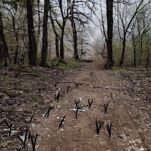 Prompt: you spot two dead horses spawled about fifty feet ahead of you, blocking the path. each has several black - feathered arrows sticking out of it. the woods press close to the trail here, with a steep embarkment and dense thickets on either side.