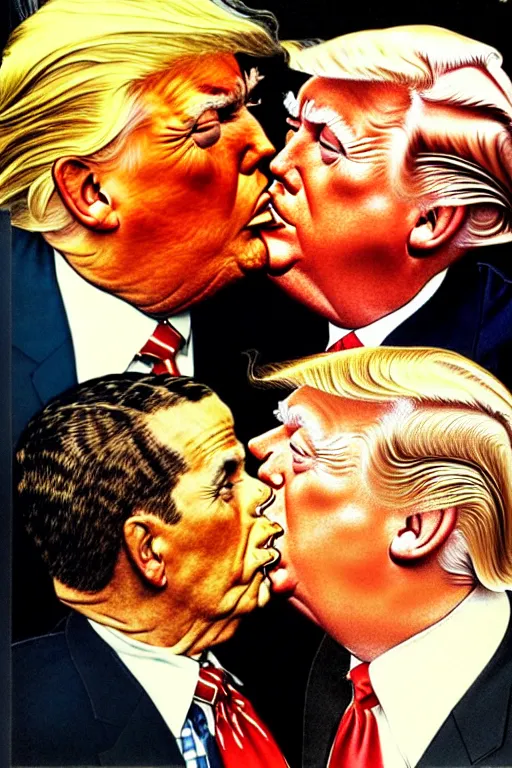 Image similar to norman rockwell painting of donald trump kissing donald trump