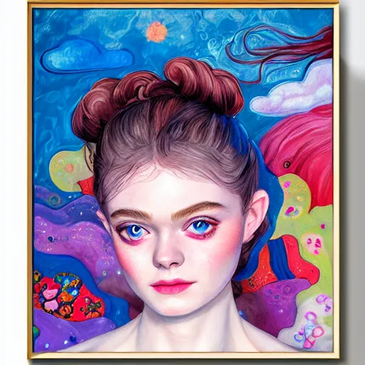 Image similar to professional painting of Elle Fanning in the style of Hikari Shimoda, head and shoulders portrait, symmetrical facial features, smooth, sharp focus, illustration, intricate, stormy weather, extremely detailed masterpiece,