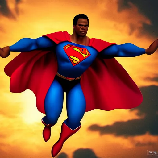 Image similar to photorealistic black superman flying. super detailed. super muscled. super cape