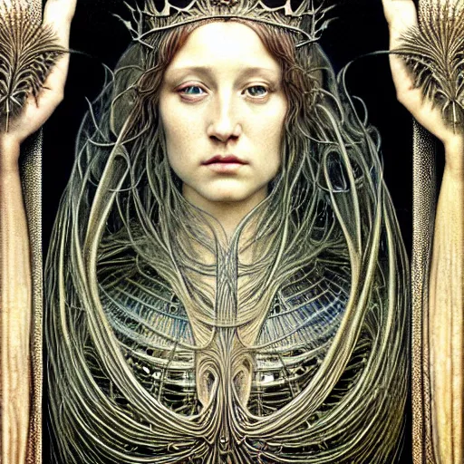 Image similar to detailed realistic beautiful young medieval queen face portrait by jean delville, iris van herpen and marco mazzoni, art forms of nature by ernst haeckel, art nouveau, symbolist, visionary, gothic, pre - raphaelite