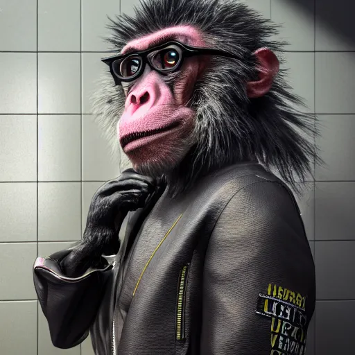 Prompt: Photography of ultra mega super hyper realistic detailed monkey by Hiromasa Ogura wearing cyberpunk style suit . Photo full lenght view on Leica Q2 Camera, Rendered in VRAY and DaVinci Resolve and MAXWELL and LUMION 3D, Volumetric natural light. Wearing cyberpunk suit with many details by Hiromasa Ogura .Rendered in VRAY and DaVinci Resolve and MAXWELL and LUMION 3D, Volumetric natural light