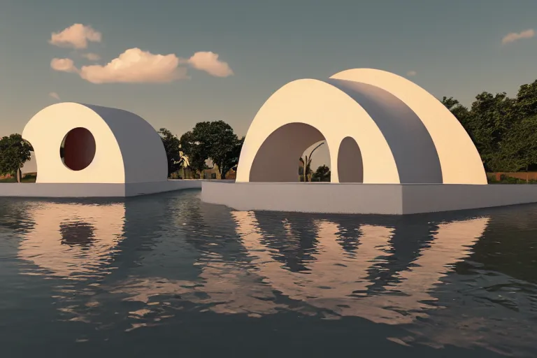 Image similar to many white round egg shaped building combinations intersect and depend on each other to form a building, by pierre bernard, on the calm lake, people's perspective, future, interior wood, dusk, unreal engine highly rendered, global illumination, radial light, internal environment