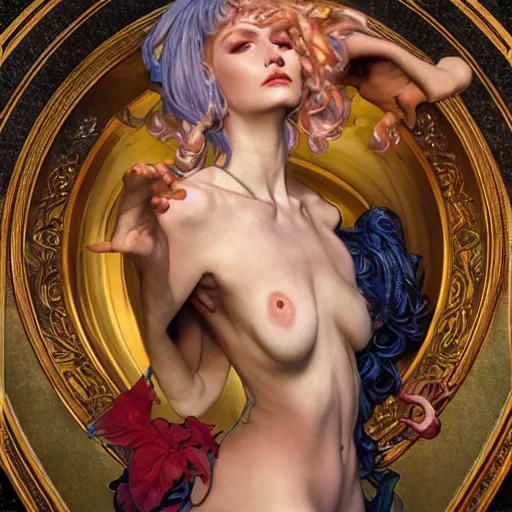 Prompt: Morrigan from Darkstalkers drawn by Donato Giancola and Tom Bagshaw, face by Artgerm, overall design by Alphonse Mucha, background by James Jean and Gustav Klimt, light by Julie Bell, 4k, porcelain skin, komorebi, french nouveau, trending on artstation, octane render, hyperrealistic