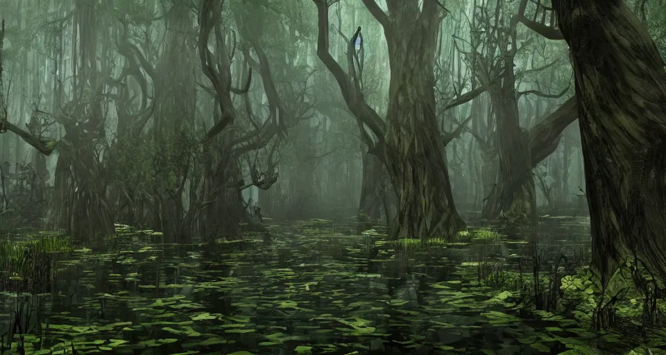 Image similar to A dense and dark enchanted forest with a swamp, from NCSOFT