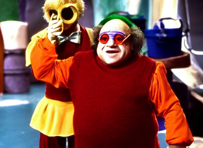 Image similar to film still of Danny Devito as an Oompa Loompa in Willy Wonka and the Chocolate Factory 1971