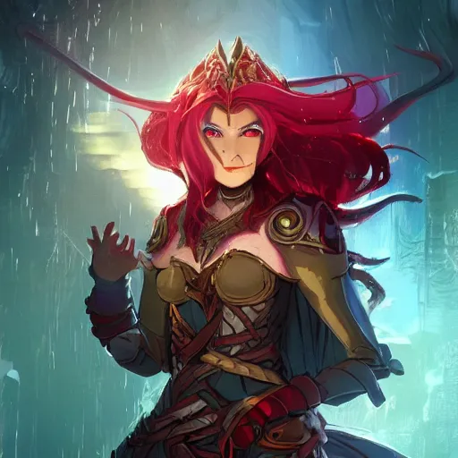 Prompt: a female elven cleric with red long hair, very good beautiful heavy scale armor, wearing a cape, casting a fire spell, dungeon background, magical, bright, colorful, fantastic lighting, amazing details, 4 k uhd, illustration by stephanie brown and makoto shinkai and ilya kuvshinov, artstation, pixiv, concept art,