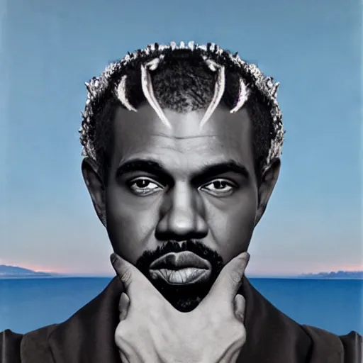 Prompt: surrealist epic photoreal portrait of kayne west as god by dali, arms outstretched, 4 k