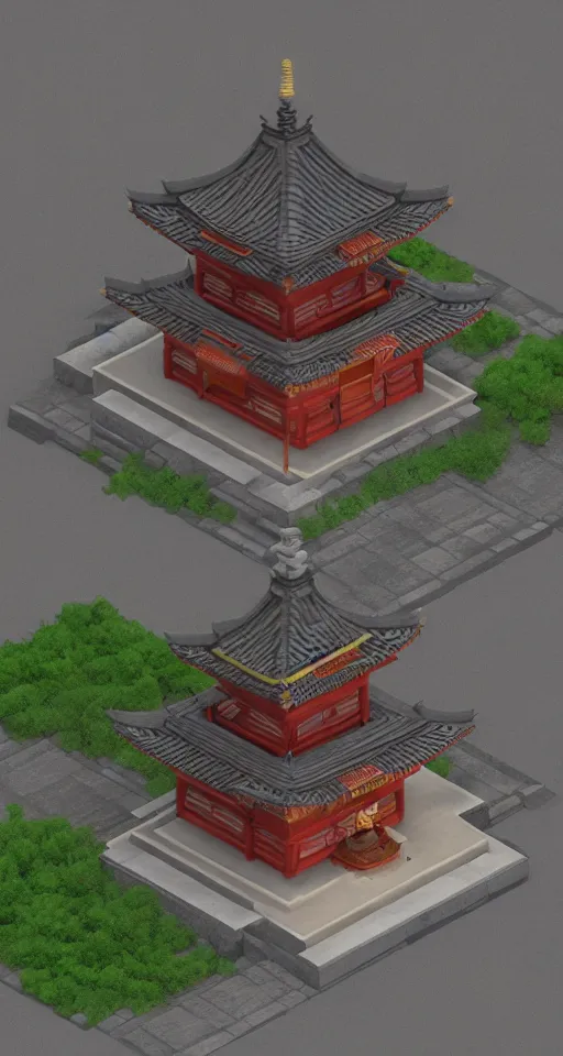 Image similar to isometric japanese temple with full blood-moon behind the top, trending on artstation, 3D render, unreal engine 5