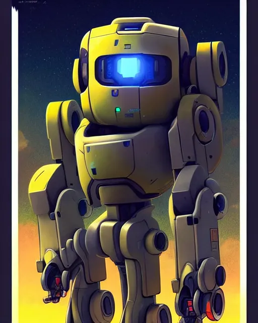 Image similar to bastion the friendly robot from overwatch, character portrait, portrait, close up, concept art, intricate details, highly detailed, vintage sci - fi poster, retro future, in the style of chris foss, rodger dean, moebius, michael whelan, and gustave dore