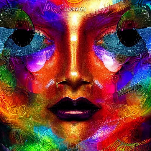 Prompt: of a fantasy close up of a face with lots of colors and rays and strands digital art, concept eclectic, high detail, in glass
