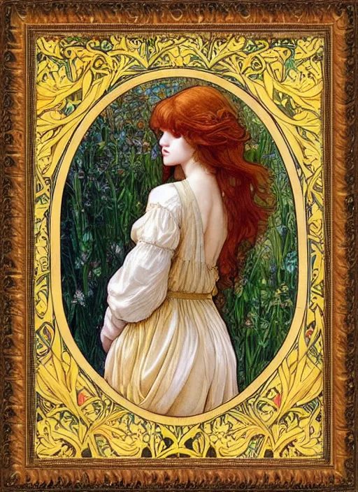 Prompt: masterpiece beautiful seductive flowing curves pose preraphaelite portrait photography, straight bangs, thick set, yellow ochre ornate medieval dress, mushroom forest arch, william morris and kilian eng and mucha, framed, 4 k