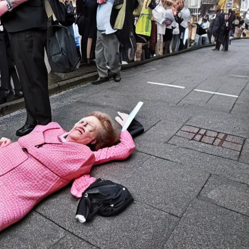 Image similar to margaret thatcher lying beneath a busy paved road